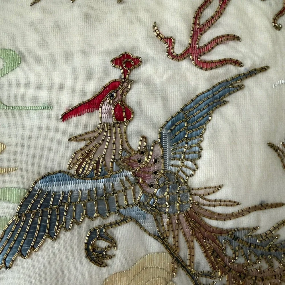 Vtg Golden Cloud Hand-Embroidered Bird Decorative Pillows Silk Blend Blue Trim